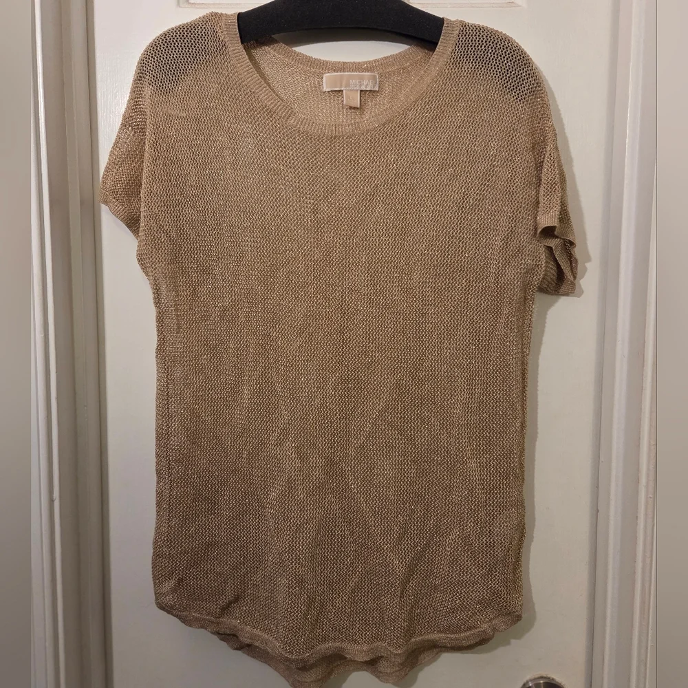 MICHAEL Michael Kors Gold Mesh Metallic Short Sleeve Top/Shirt.  Size L. - Picture 2 of 14